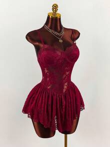 Amplova 女士迷你吊带裙，细肩带，性感前卫透视，适合晚会 - 紅色 - 查看 9