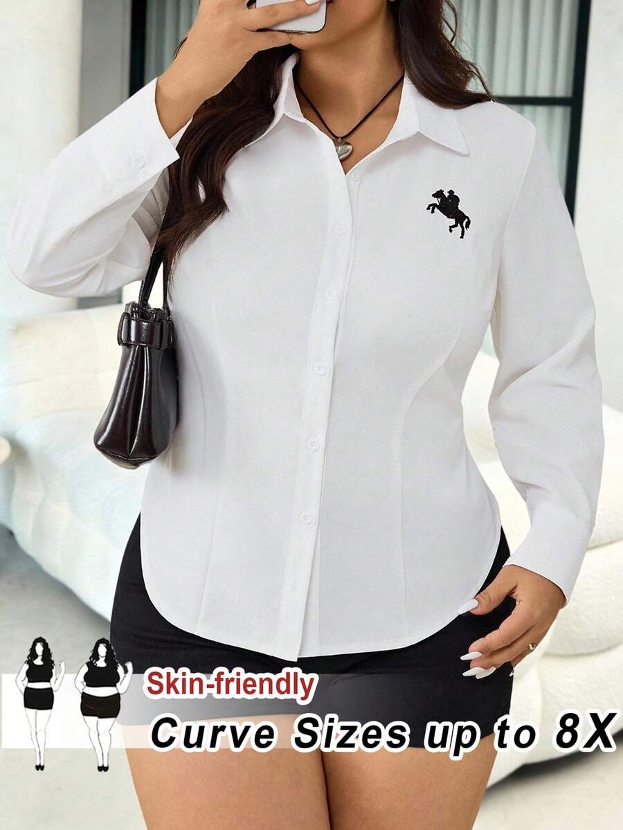 SHEIN CURVE+ 加大码纯色简约日常刺绣装饰长袖衬衫 - 白色 - 查看 1