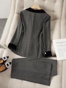 SHEIN Franclia Bộ vest vest nữ có ve áo cài nút kim loại và quần ống loe - Xám - Xem 2