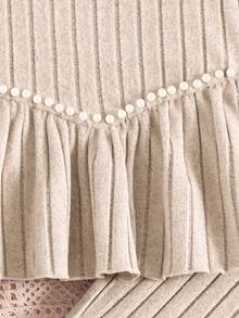 2pcs/Set Girls Elegant Beaded Knit Ribbed Fluffy Puff Sleeve Top And Simple Knit Pants Casual Outfit, Autumn/Winter - Apricot - View 3