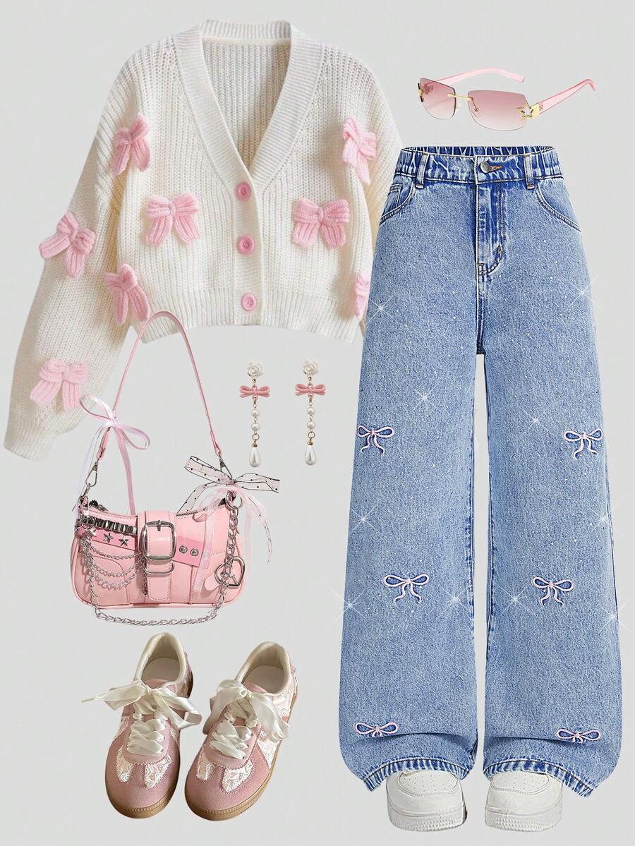 SHEIN Teen Girls' Straight Leg Jeans,Blue Y2K Denim,Summer Sweet 16 Back-To-School,Bow Embroidery Rhinestone Decor Relaxed Fit Cotton Elastic Waistband - Medium Wash - View 1