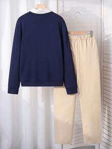 SHEIN 2 件套青少年男孩绅士装，海军蓝百搭时尚圆领长袖运动衫 + 卡其色长裤，绅士西装，商务优雅学院风休闲装，生日派对日常穿着，极简主义 - 彩色 - 查看 2