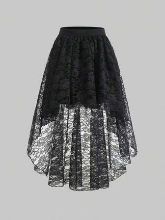 Damen eleganter einfarbiger Spitzen-Asymmetrischer Saum Elastischer Taillenskirt