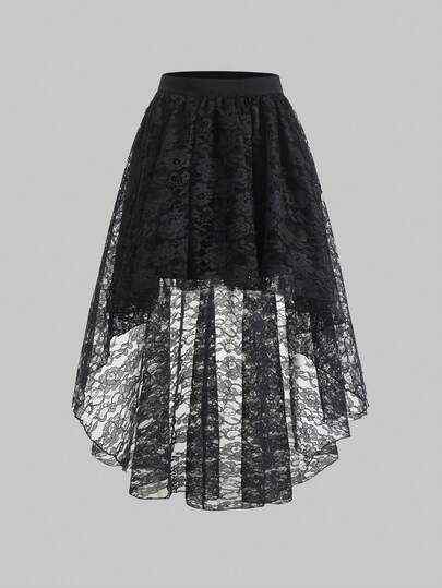 Gonna elegante da donna in colore unito con orlo asimmetrico in pizzo, vita elastica