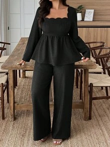 Weeklong 2pcs Set Square Neck Scalloped Hem Faux Linen Pants Suit - Black - View 4