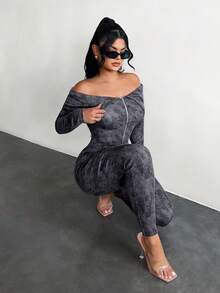SHEIN SXY Casual Women's Grey Long Unitard Featuring An Off The Shoulder Neckline Zipper And Print In Knitted Fabric Off Shoulder Jumpsuit Tight Jumpsuit Gray Jumpsuit Women Long Bodycon Jumpsuit Sexy Curve Jumpsuit Zip Up Jumpsuit Sexy Jumpsuit Long Sleeve Bodycon Jumpsuit - Grey - View 4