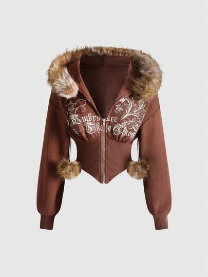 Grunge Punk Sudadera con capucha con estampado de leopardo ajustada de subcultura Y2K con estampado floral vintage y adornos de rhinestone