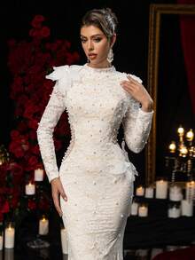 Glamrae Elegant White Spring Wedding Formal Evening Dress Mermaid Gown With Handmade 3D Flowers Pearl Embellishments Round Neck Long Sleeves - White - View 2