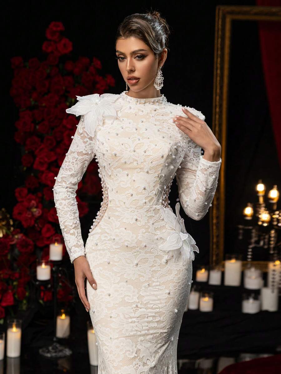Glamrae Elegant White Spring Wedding Formal Evening Dress Mermaid Gown With Handmade 3D Flowers Pearl Embellishments Round Neck Long Sleeves