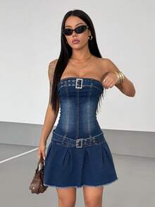SHEIN Unity Women's Denim Dress With Waist Belt And Bandeau Top - Medium Wash - View 7