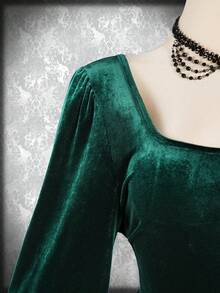 SHEIN ICON 加大码方领天鹅绒喇叭袖连衣裙，万圣节服装，女巫连衣裙，适合派对礼服 - 綠色 - 查看 4