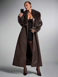 SHEIN BAE Dam enfärgad pälskrage trendig mångsidig lång kappa