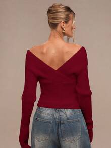 SHEIN BAE 女士优雅纯色修身长袖毛衣，秋冬季，红色上衣，情人节 - 酒紅色 - 查看 2