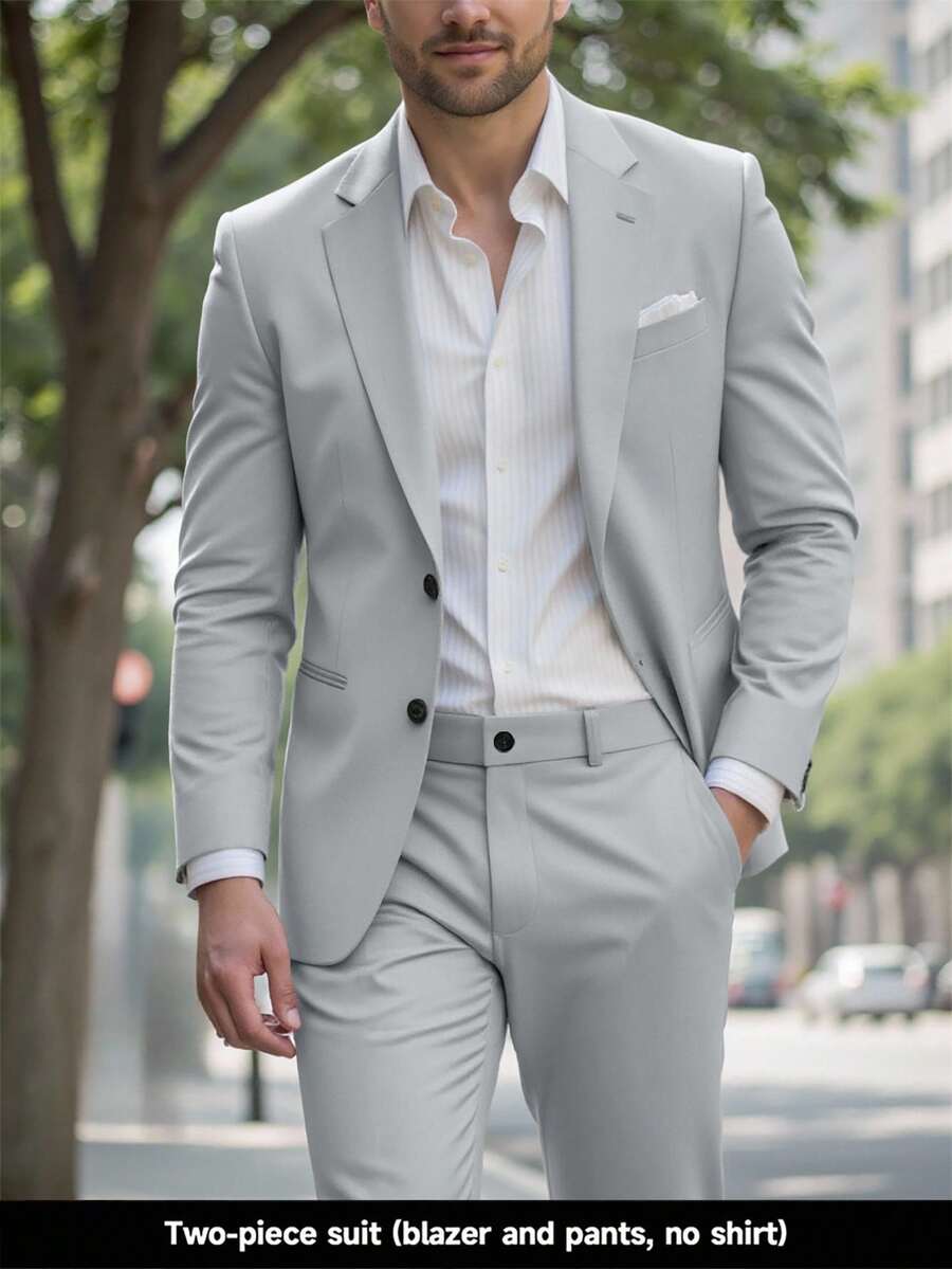 Calvornis 男士休闲商务两件套西装，纯色西装套装夹克和裤子，简约时尚休闲日常穿着婚礼西装舞会西装男士，适合情人节周年纪念日等场合，是送给男朋友或丈夫的绝佳礼物。 - 灰色 - 查看 1