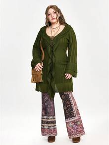 ROMWE Fairycore Plus Size Vintage Green Olive Green Double-Layer Ruffle Flare Sleeve Knit Cardigan, Autumn/Winter Plus Size Women Sweater Cardigan Jacket - Olive Green - View 2