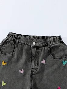 ChillGRL Tween Girls Jeans - 新款时尚雪花水洗做旧刺绣阔腿牛仔裤，爱心刺绣彩色爱心可爱刺绣阔腿裤，女童宽松阔腿牛仔裤，浅蓝色，适合圣诞节、新年、情人节、日常穿着、上学 - 灰色 - 查看 7