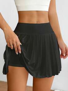 CourtClass Casual Simple Plain Pleated Sports Skirt Shorts, Summer - Black - View 6