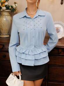 Relinas Blusa casual de estilo callejero con pliegues de burbuja plateada tejida en azul para mujer, primavera/otoño