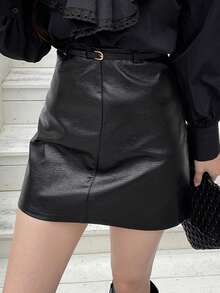 DAZY Women Solid Color PU Leather Wrap Mini Skirt, All Season - Black - View 10