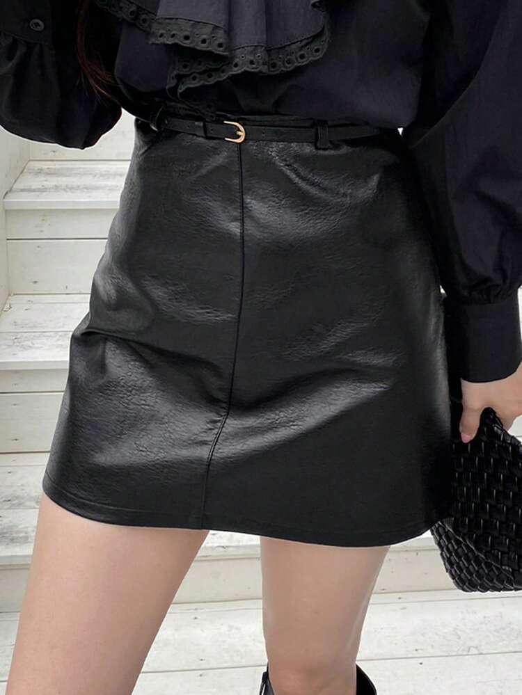 Women Solid Color PU Leather Wrap Mini Skirt, All Season