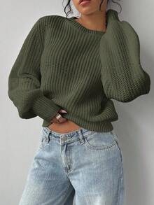 SHEIN BASICS 女士休闲纯色圆领落肩毛衣，秋冬 - 軍綠色 - 查看 4