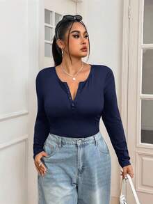 SHEIN EZwear Plus Size Casual Solid Color Long Sleeve Bodysuit Autumn/Winter,Christmas,New Year,Thanksgiving,Party,Wedding,Beach,Graduati,Chic,Elegant,Casual,Going Out,Date,Appointment,Commute - Navy Blue - View 7