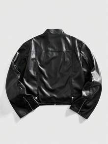 ROMWE MEN Street Life Chaqueta casual de manga larga con cremallera delantera de unicolor y de cuero sintético holgada para hombres - Negro - Ver 8