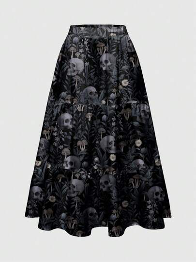 Goth Jupe mini noire et bleue de style bohème romantique avec imprimé de crâne mystérieux et de feuilles en 3 couches pour femmes