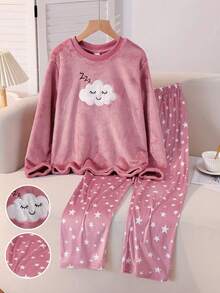 Girls Pajamas, Elegant Casual Home Wear, Long Sleeve Top & Pants Set, Embroidered Cloud, Smile, Starry Sky Patterns, Fleece Fabric, Suitable For Autumn/Winter - Dusty Pink - View 4