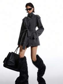 LYSMO 女士纯色简约高领长袖夹克，日常穿着 - 深灰色 - 查看 7