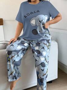 SHEIN Große Größen Grau Milchseide Strick Koala Muster Kurzarm Pyjama Set