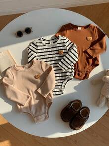 SHEIN 3件套新生儿男女宝宝可爱卡通印花长袖连体衣，男女通用婴儿服装，婴儿冬季服装 - 彩色 - 查看 5