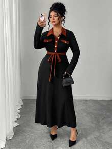 Elenzga Plus Size Women Ribbed Fabric Solid Color Contrast Collar Long Sleeve Decorative Button Fake Pocket Bowknot Casual Commute Outdoor Leisure Elegant Versatile Autumn/Winter Dress - Multicolor - View 5