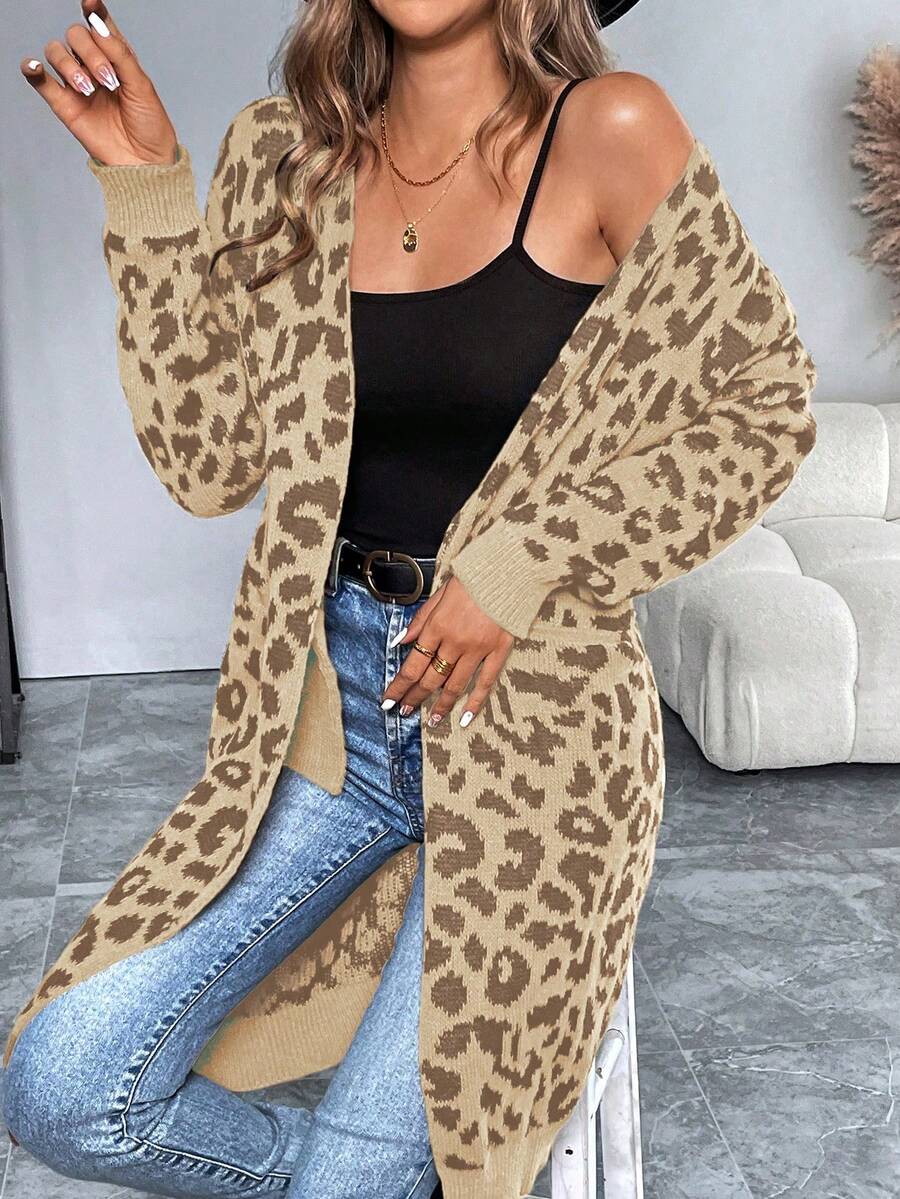 EMERY ROSE Cárdigan largo de mujer con estampado de leopardo y manga larga