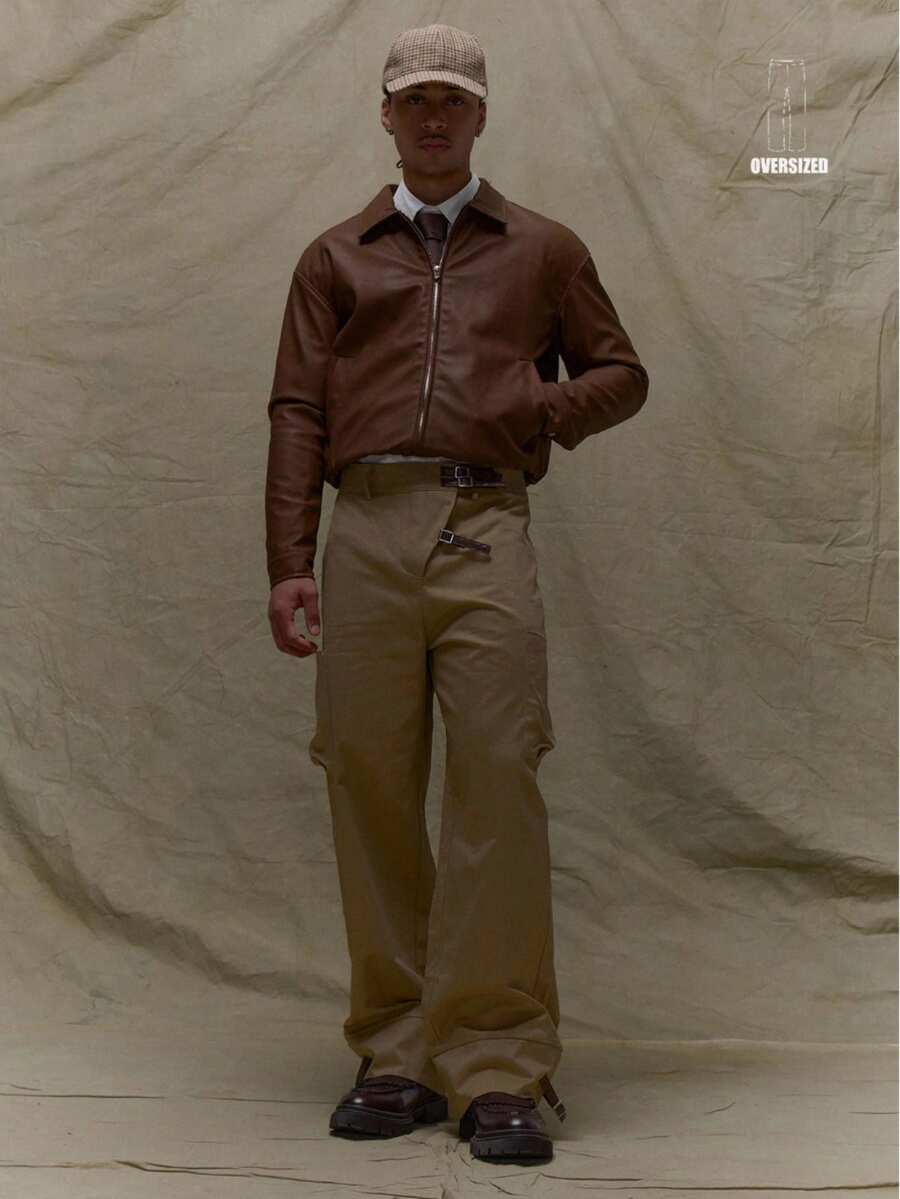 Musero Men Asymmetric Construction Front Oversized Ballon Fit Leather Adjustable Straps Fall SUMMER SPRING - Khaki - View 1