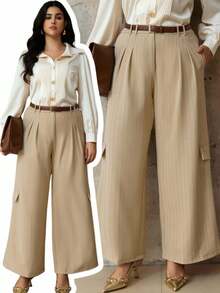 Flirla Pantalones rectos casuales y sueltos de talla grande para mujer, de cintura media con rayas tejidas - Caqui - Ver 1