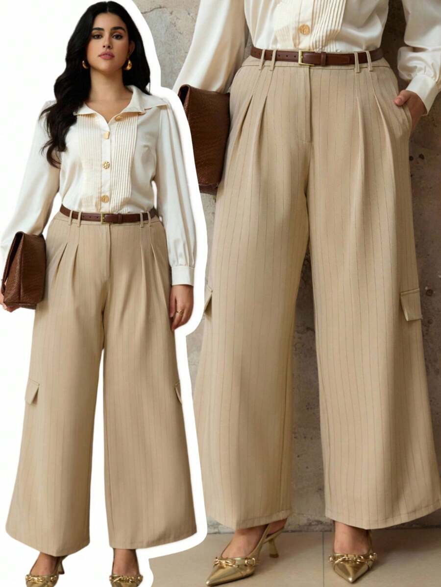 Flirla Pantalones rectos casuales y sueltos de talla grande para mujer, de cintura media con rayas tejidas - Caqui - Ver 1