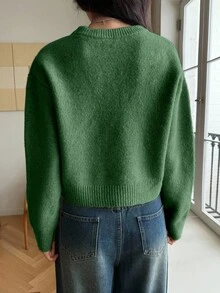 DAZY 女士休闲纯色落肩圆领毛衣，秋季新品 - 墨綠色 - 查看 2