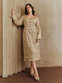 Anewsta New Khaki Plus Size Women's Elegant Patchwork Tassel Fabric Square Collar Chic Slimming New Year Dress - Khaki - View 3