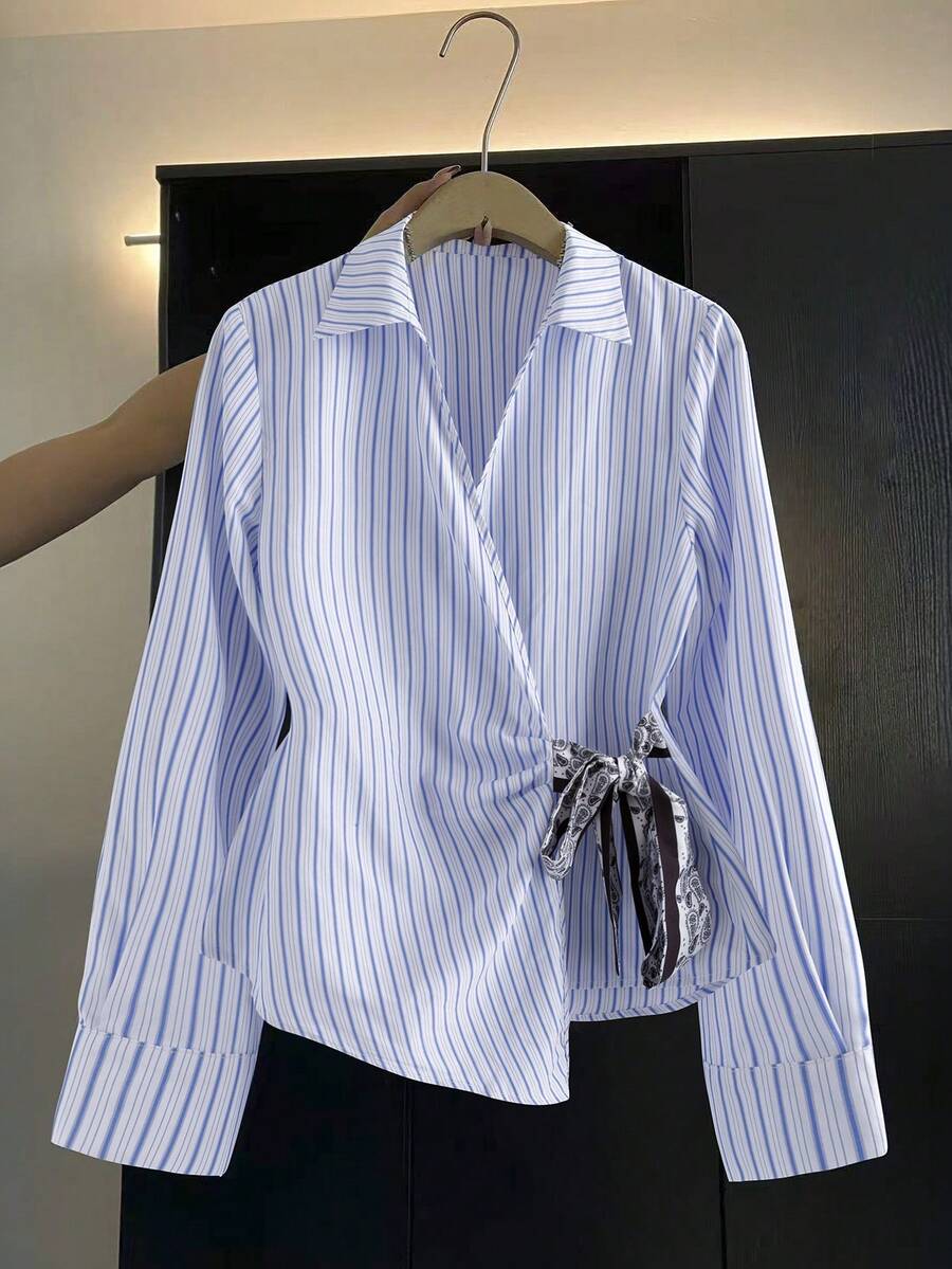 Resyla French Style Striped Long Sleeve Casual Shirt Women Blouses Elegant Blue And White Shirt Blue Striped Shirt Tie Up Shirt Striped Blouse