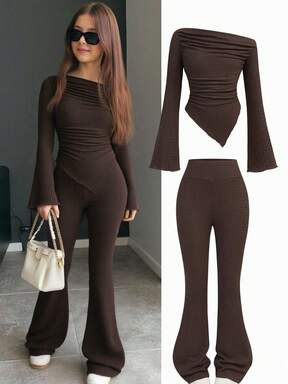 Firerie Kids Firerie Kids 2pcs Tween Girls Casual Coffee Colored Ruched Long Sleeve Fitted Knit Top And Flare Pants Set, Suitable For Home, Outdoor, Travel, Airport, Casual Daily Wear Two Piece Pants Set Brown Girl Outfit Teen Girl Brown Set Bell Bottoms Girl 2 Piece Set