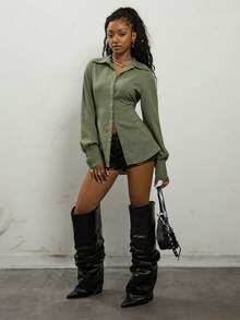 COUREZ 格纹长袖收腰衬衫/女士夏季服装夏季上衣 Y3K Y2K 复古 - 軍綠色 - 查看 2