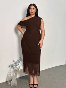 Firerie 大码春秋新款优雅不对称肩短袖褶皱腰针织连衣裙，休闲时尚百搭女士连衣裙，女士婚礼宾客礼服，女士秋季服装，女士优雅连衣裙 - 棕色 - 查看 6