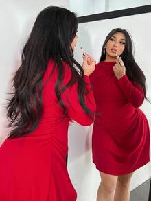 Firerie Plus Size Red Autumn Elegant Satin Party Mini Dress For Women,New Year Mother's Day Ruffle A-Line Flowy Stretchy Wedding Music Festival Holiday Outfit - Burgundy - View 6