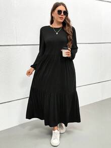 SHEIN Essnce 大码女式长裙，2 个口袋，秋季连衣裙，灰色连衣裙，女士服装，带袖连衣裙，秋季女装，秋季裙子，长款秋季连衣裙，秋季女装 - 黑色 - 查看 3