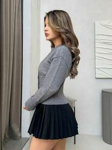 Jemour Gray Short Slim Front Button Solid Color Long Sleeve Simple Casual Knit Cardigan,Gray Sweater,Short Women's Sweater,Women's Sweaters,Knit Sweaters,Winter Women's Clothing,Fall Women's Clothing,FW24,Knitted Sweater - Grey - View 6
