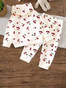 Souflis Souflis 2pcs Baby Girl Cherry Fruit Print Hooded Sweatshirt & Pants Set, Comfortable & Cute Outfit For Autumn/Winter Baby Tracksuit Cherry Baby Outfit Baby Clothes Sets Toddler Girl Cherry Clothes Winter Baby Clothes