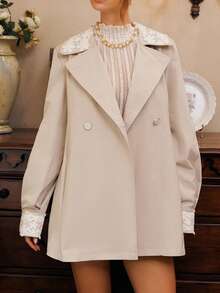 Glamine Charm Lace Patchwork Elegant Double-Breasted Vintage Fashionable Shoulder Midi Jacket, Suitable For Autumn/Winter - Apricot - View 4