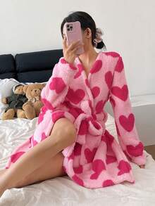 SHEIN 女士爱心印花抓绒长袖蓬松舒适睡袍，冬季 - 粉色 - 查看 4