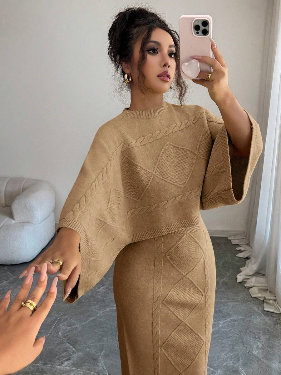 Elenzga Yellow Long Sleeve Top And Straight Skirt 2 Pieces Set, Elegant And Suitable For Party, Commute In Autumn/Winter - Khaki - View 1